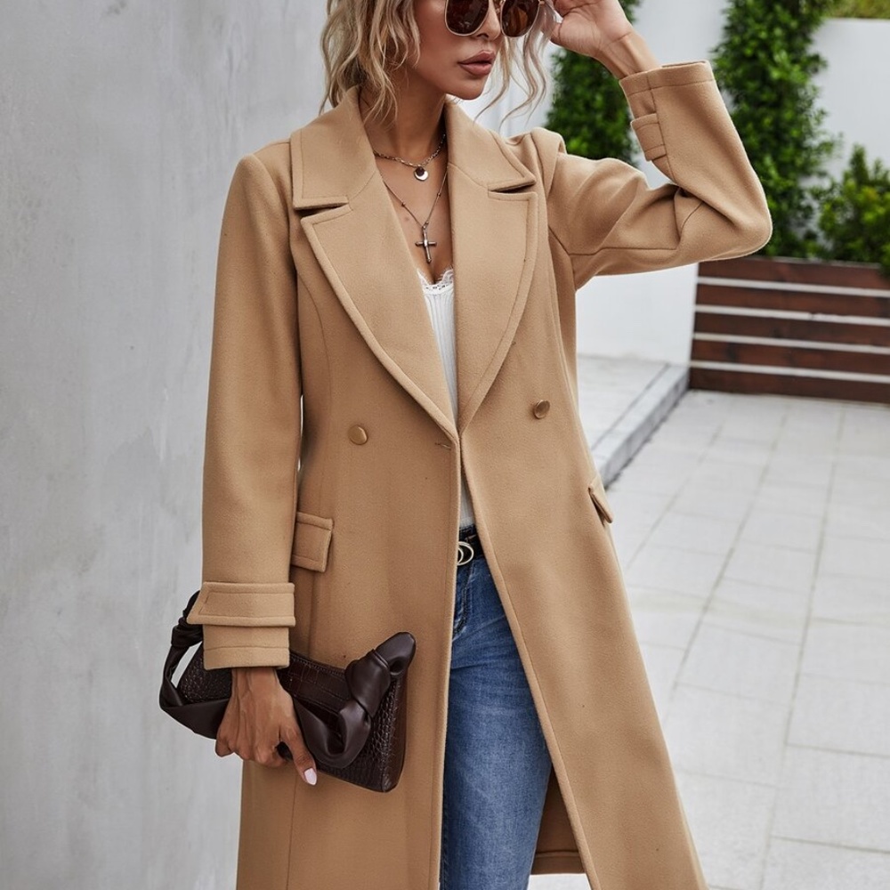 Camel Trench Coat Double Breast Buttons Work - Picture 6 of 6